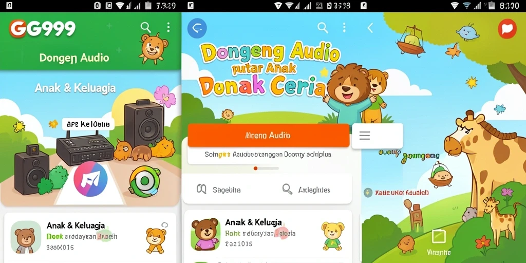 Antarmuka intuitif aplikasi GG999 dengan pilihan dongeng audio.