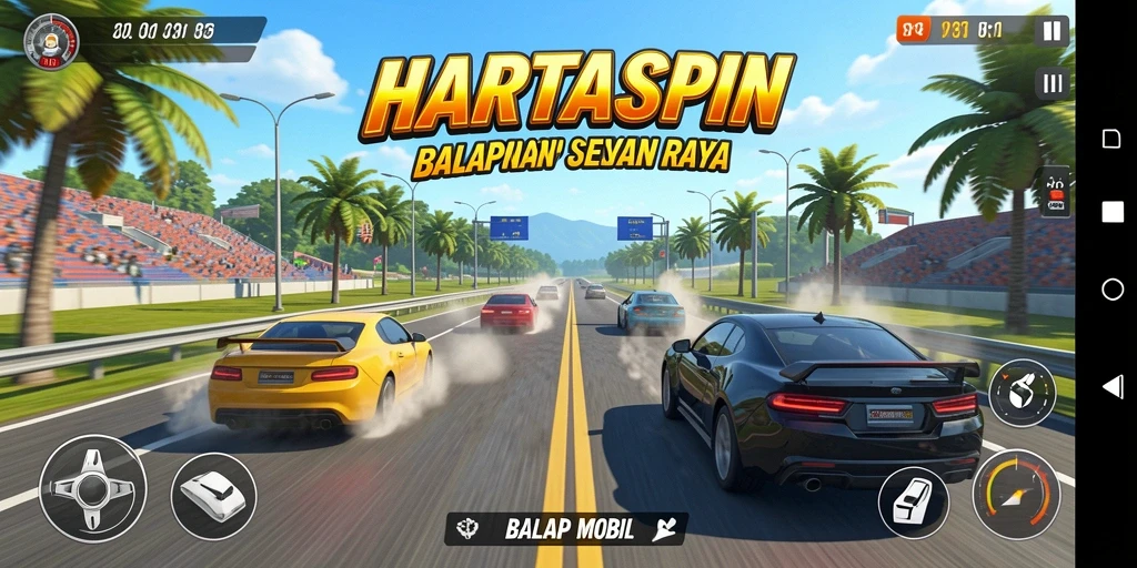 Tampilan antarmuka HARTASPIN dengan mobil balap yang siap beraksi.