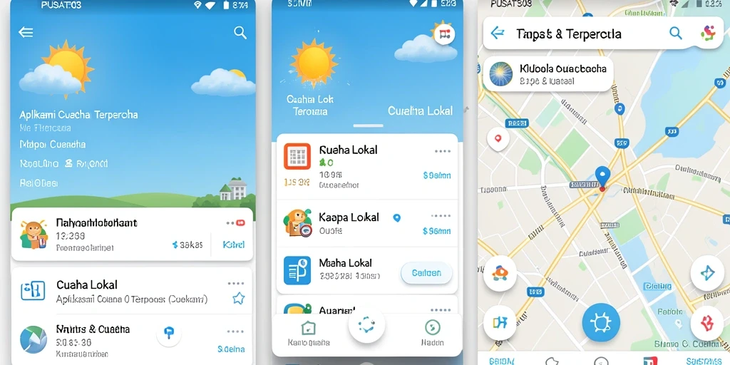 Tampilan antarmuka utama aplikasi PUSAT303 dengan informasi cuaca lokal.
