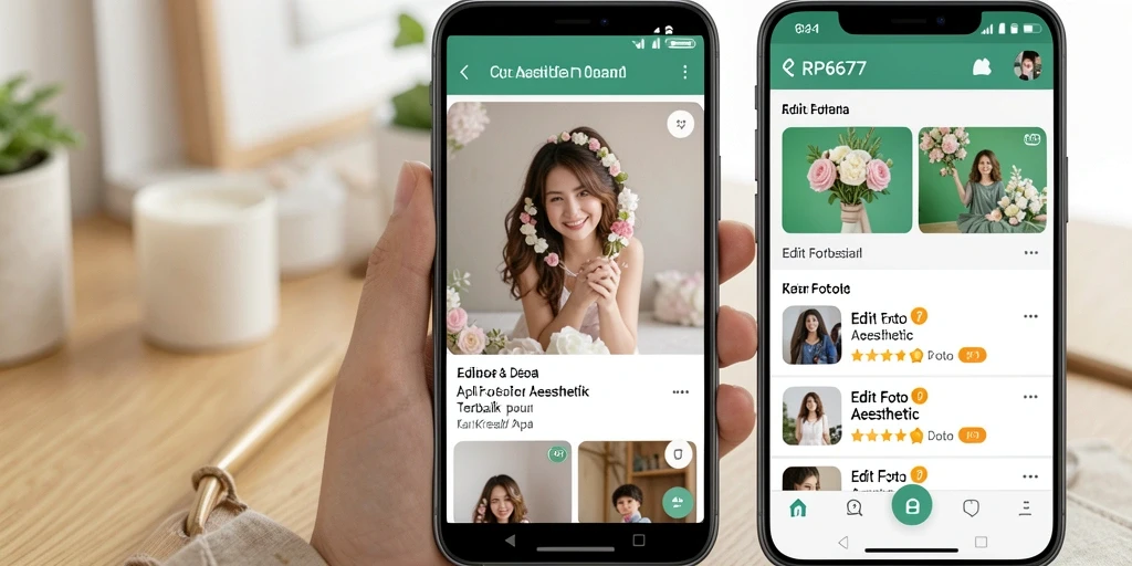 Tampilan antarmuka aplikasi RP6677 untuk editing foto aesthetic.