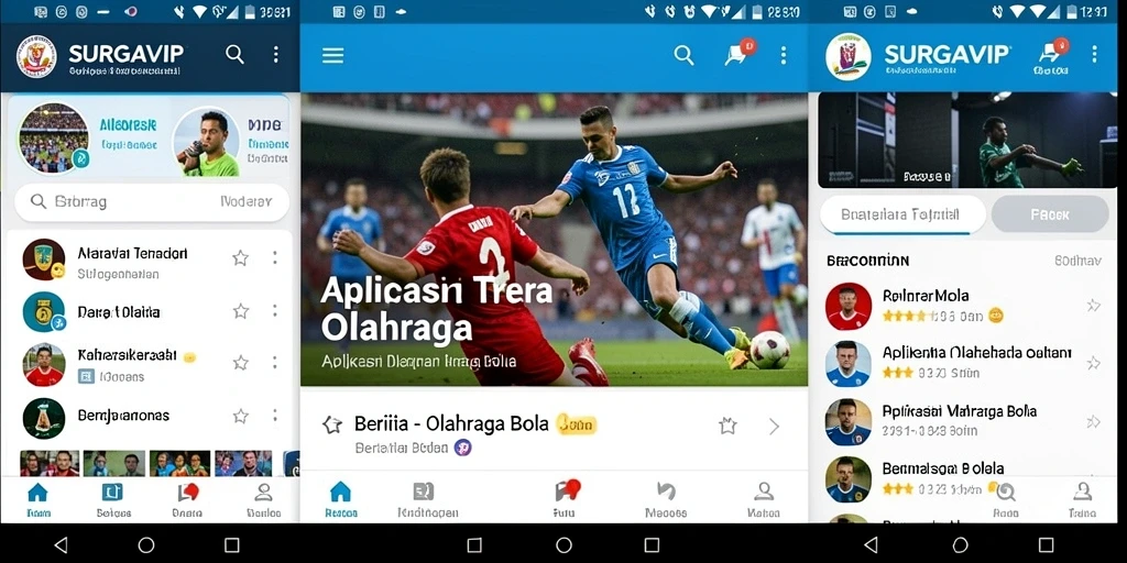Tampilan antarmuka utama aplikasi SURGAVIP dengan berita olahraga bola.